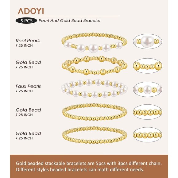 Gold Bracelets for Women Beaded Bracelet 14K Gold Plated Bracelet Stack Strand S - Picture 5 of 8